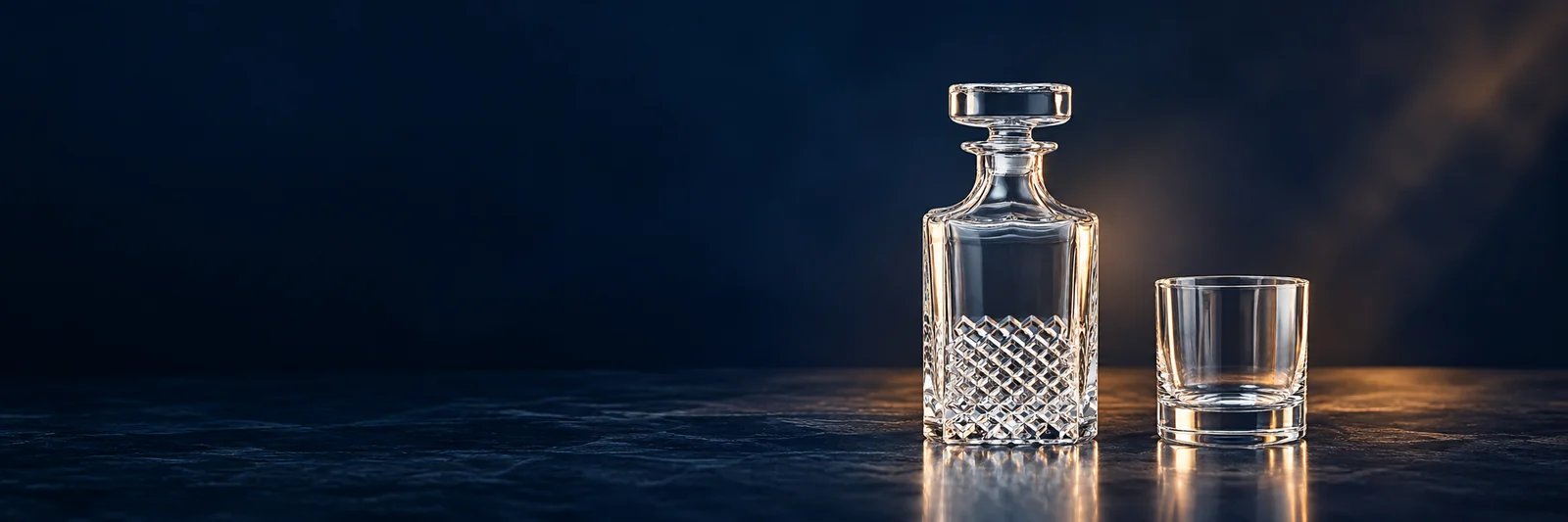 Whiskey decanter set on an ultra-wide distributor programs banner