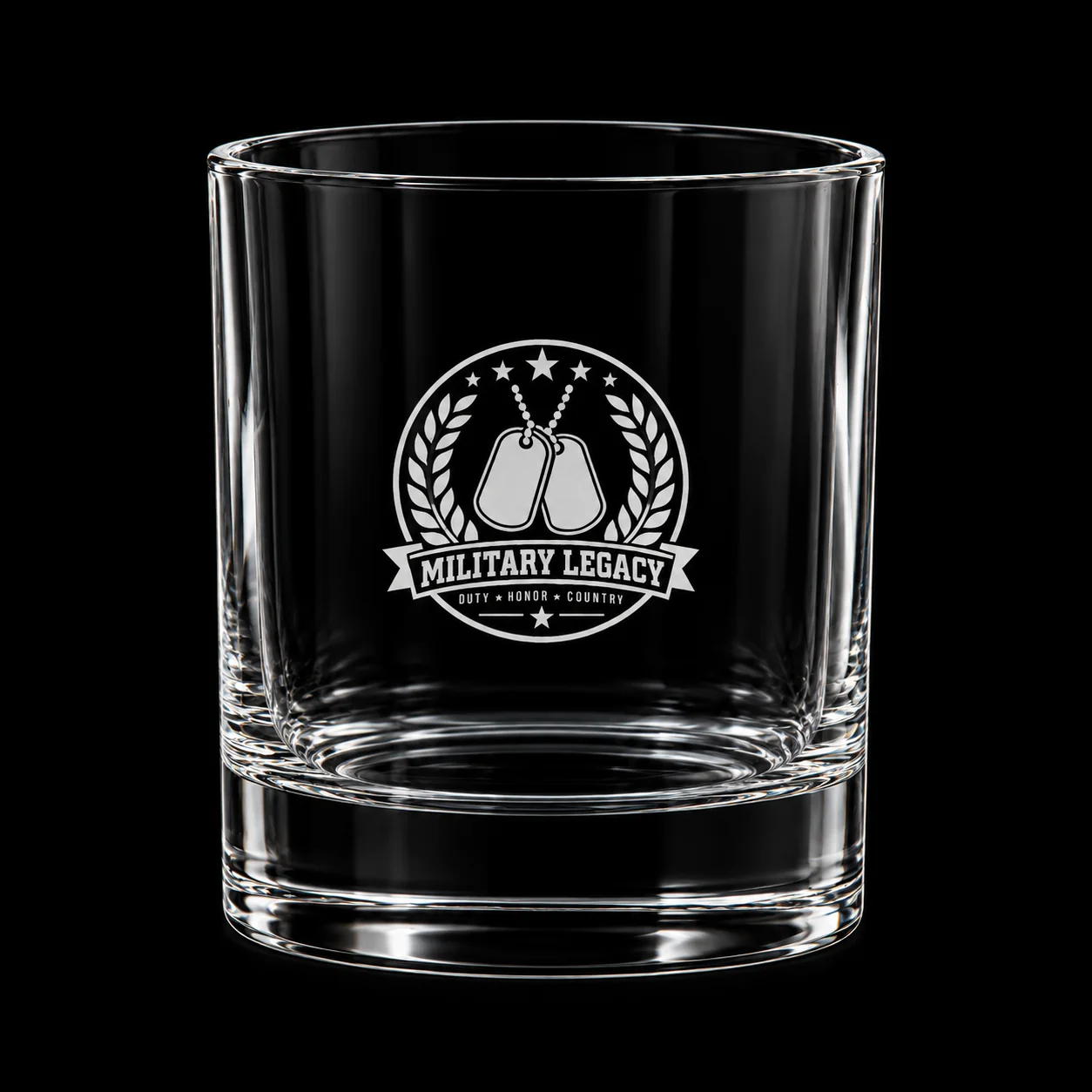 Classic Whiskey Glass with example custom decoration on black background