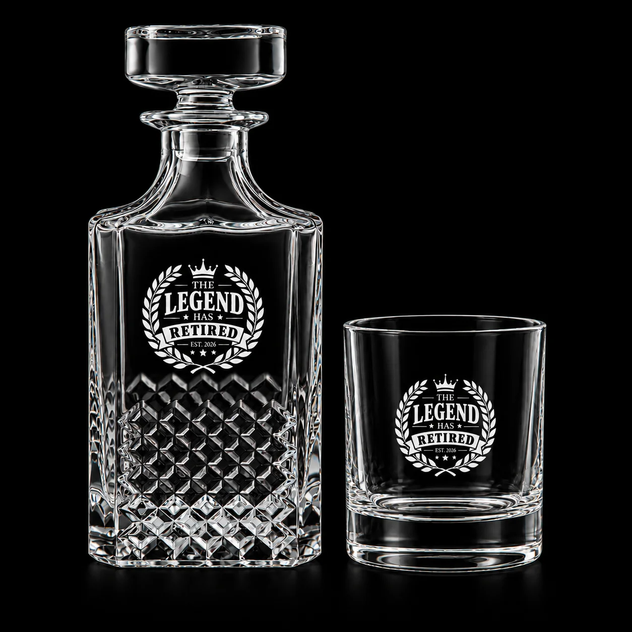 Diamond Cut Decanter & Classic Glass Set with example custom decoration on black background