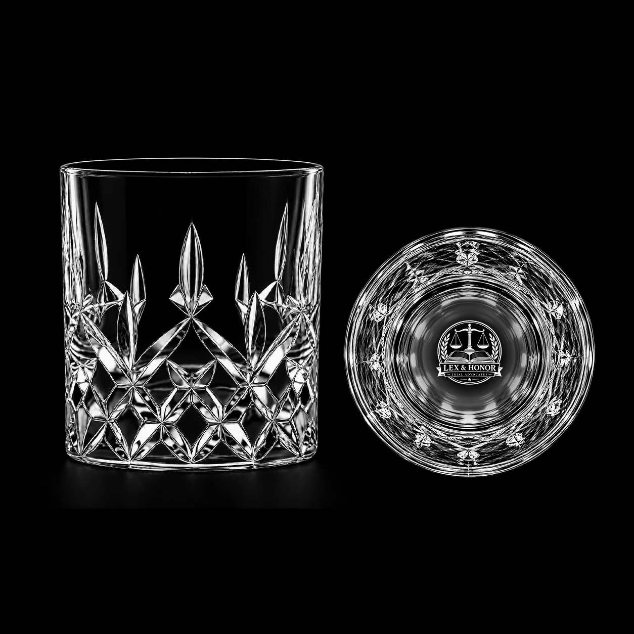 Diamond Cut Whiskey Glass with example custom decoration on black background
