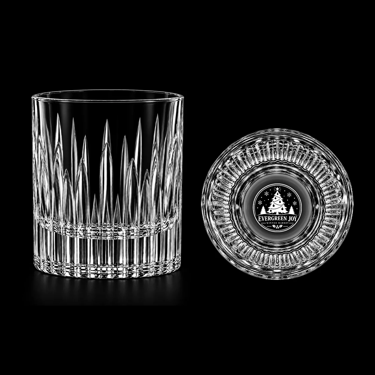 Ribbed Whiskey Glass with example custom decoration on black background