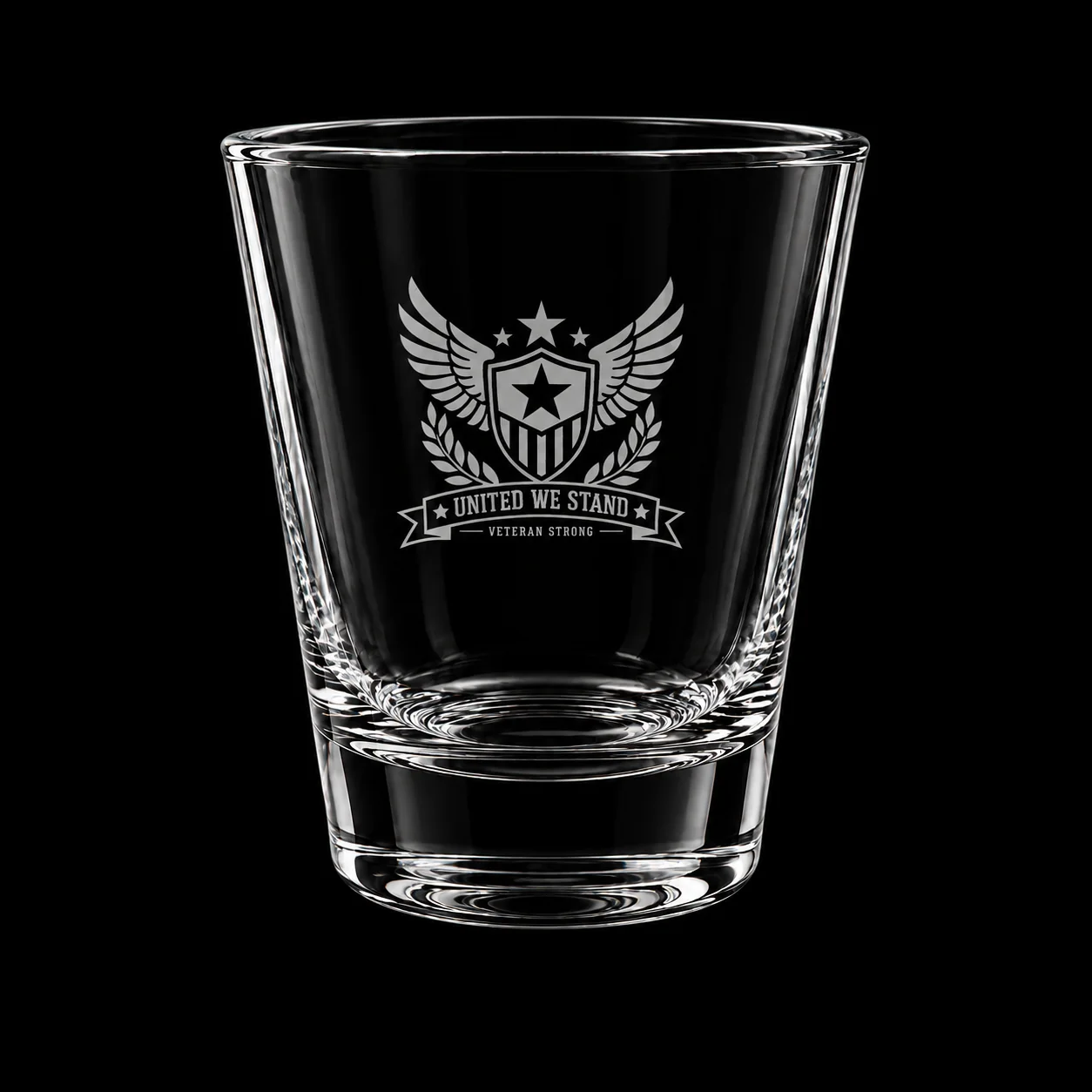 Tapered Shot Glass with example custom decoration on black background