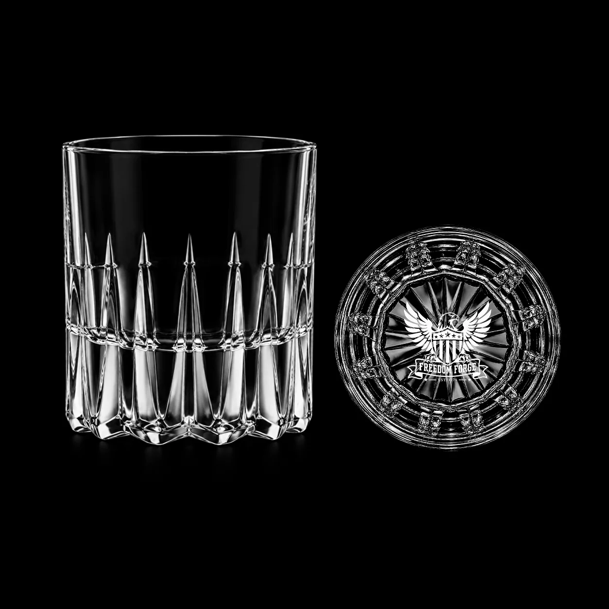 Vertical Cut Whiskey Glass with example custom decoration on black background